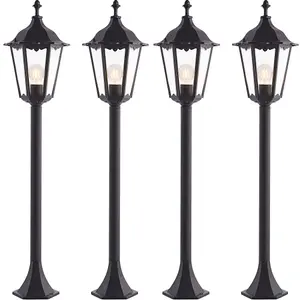 4 PACK Outdoor Lamp Post Lantern Bollard Light Matt Black & Glass 1m Tall LED