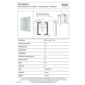 RAK Sagittarius 600x700mm Silvery White Square IR Sensor Illuminated Mirror Cabinet IP44