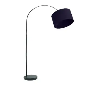 ValueLights Louis Black Arched Curved Floor Lamp with Navy Blue Fabric Drum Lamp Shade and LED Bulb