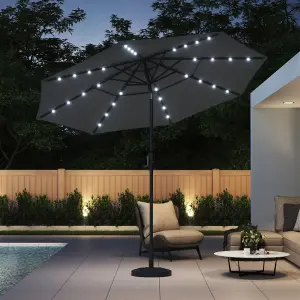 3-Tier Dark Grey Umbrella with Solar Lights and Concrete-Filled Patio Umbrella Stand