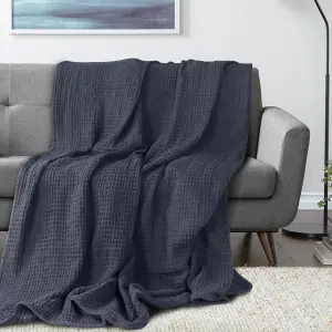 EHC Chunky & Soft Extra Large Cotton Waffle Throw, King Size, 225 x 250 cm - Charcoal