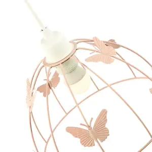 Modern Birdcage Pendant Shade in Blush Pink Metal with Butterflies - Shabby Chic