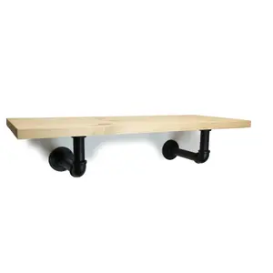 Solid Pine Rustical Shelf Primed Black Industrial Pipe Bracket 25x110cm