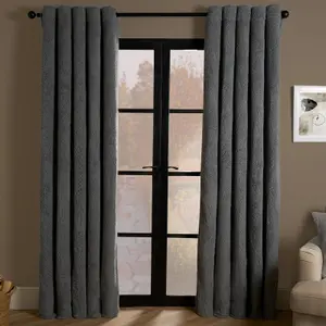 Teddy Fleece Eyelet Curtains Thermal Pair Ready Made, Grey - 66" x 90"