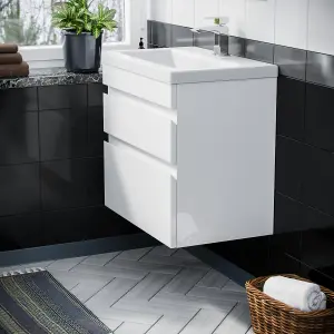 Nes Home Hardie 600mm 2 Drawer White Wall Hung Vanity Cabinet and Basin Sink Unit