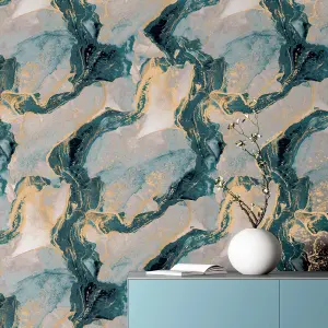 Arthouse Abstract Marble Teal/Gold Wallpaper