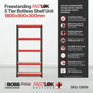 RB BOSS Garage Shelving Unit FastLok 5 Shelf MDF Red & Black Powder Coated Steel (H) 1800mm (W) 900mm (D) 300mm