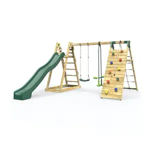 Rebo Wooden Pyramid Climbing Frame with Swings and 8.7ft Water Slide - Feather