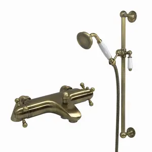 ENKI Gallant Antique Brass Traditional Deck Mounted Brass Thermostatic Shower Bar Mixer Valve with Slider Rail Kit BBT0229