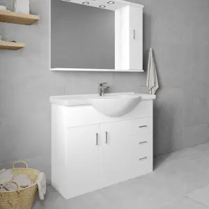 2 Door 3 Drawer Vanity Basin Unit with Round Basin - 1050mm - Gloss White