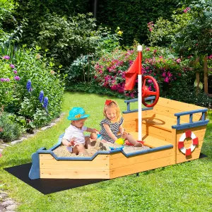 Costway Kids Wooden Sandbox Pirate Ship Play Boat w/ Flag Rudder Lifebuoy Decoration