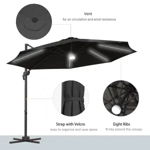 Outsunny 3(m) LED Cantilever Parasol Outdoor with Base Solar Lights Dark Grey