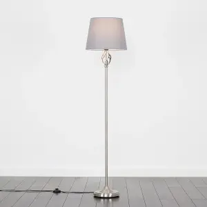 ValueLights Memphis Traditional Style Satin Nickel Barley Twist Floor Lamp with Grey Tapered Light Shade - with LED GLS Bulb