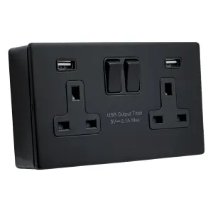 SHPELEC Screwless Matt Black Metal 2 Gang 13A Switched Socket with FASTCHARGE 15W 5V 3.1A USB (A+A Ports)