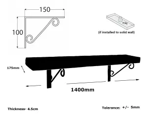 Solid Wood Handmade Rustical Shelf Unprimed 175mm 7 inch with Black Metal Bracket WOP Length of 140cm