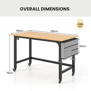 COSTWAY Mobile Computer Desk 120cm Home Office Desk w/ Lockable Wheels