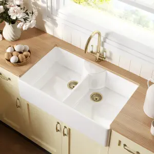 Fireclay Kitchen Bundle - Double Bowl Butler Sink, 2 x Wastes & Mono Lever Tap, 895mm - Brushed Brass - Balterley