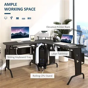 HOMCOM L-Shaped Corner Work Desk Gaming Office W/ Steel Frame CPU Rack Keyboard Tray Space-Saving Melamine Coating Computer, Black | Aosom UK