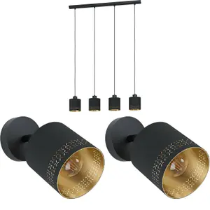 Quad Ceiling Light & 2x Matching Wall Lights Black & Gold Round Fabric Shade