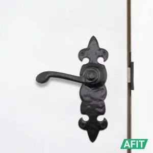 AFIT Black Antique Fleur De Lys Door Handle Latch Set - 1 Pair Cast Iron Internal Lever Latch Handles on Backplate & Latch (64mm)