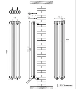 Right Radiators 1500x292 mm Vertical Traditional 3 Column Cast Iron Style Radiator Black