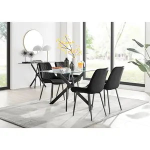 Lenworth Glass Rectangular Dining Table Set with 4 Luxury Velvet Chairs Black / Black