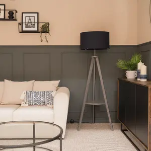 ValueLights Morrigan Grey Wood Tripod Design Floor Lamp with Storage Shelf and Navy Blue Drum Shade