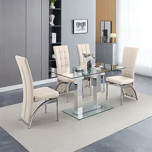 Furniture In Fashion Jet Small Clear Glass Dining Table With 4 Ravenna Taupe Chairs