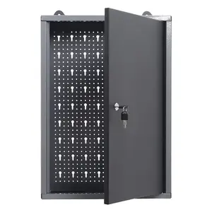 Black 1 Door Metal Wall Mounted Key Lockable Pegboard Tool Organizer Cabinet 42 x 60 cm