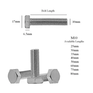 10 x Hex Head Set Screw Bolts M10 x 35mm, Fully Threaded,