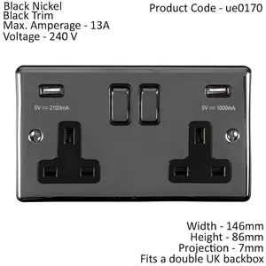 2 Gang Single UK Plug Socket & Dual 2.1A USB BLACK NICKEL & Black 13A Switched