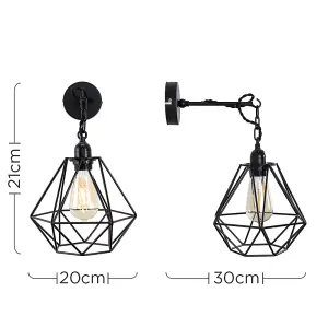 ValueLights Huber Industrial Satin Black Wall Ceiling Light Fitting with Black Metal Cage Shade