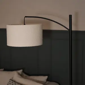 ValueLights Preto Black Metal Curve Stem Living Room Floor Lamp with a Cream Boucle Shade - Bulb Included