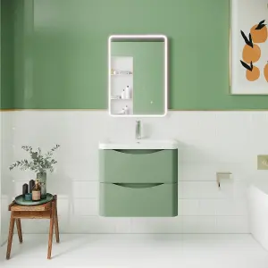 Wall Hung 2 Drawer Vanity Basin Unit with Polymarble Basin, 600mm - Satin Green