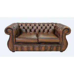 Chesterfield 2 Seater Antique Tan Real Leather Sofa Bespoke In Kimberley Style