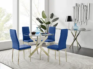 Furniturebox UK 4 Seater Dining Set - Novara 100cm Gold Round Glass Dining Table and Chairs - 4 Navy Velvet Milan Gold Leg Chairs