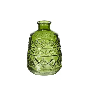 Small Green Glass Aztec Pattern Vase (Height) 11 cm - Ideal for a Christmas Table Centrepiece