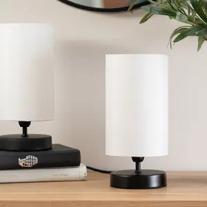 ValueLights Francis Pair - Matt Black Cylinder Touch Dimmer Table Lamp with White Fabric Shade Bedside Light - LED Bulbs Included