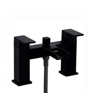 ENKI, Plaza, BBT0160, Matt Black Square Waterfall Bath Shower Mixer Tap with Rigid Riser Shower Rail Kit