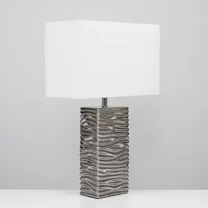 ValueLights Etienne Pair of Modern Silver Ripple Effect Ceramic Table Lamps with White Light Shades