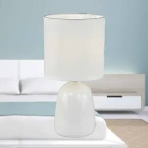 Set of 2 White Ceramic 26cm Table Lamps or Bedside Lights with Matching Fabric Shades, LED Compatible