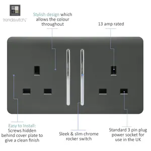 Trendiswitch Charcoal 2 Gang 13 Amp Switched Socket