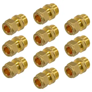 SPARES2GO Compression Connector 10mm x 3/8" BSP Male Straight Brass Pipe Coupler Adaptor Fitting (Pack of 10)