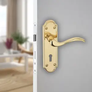 URBNLIVING 170mm Length 12 Pcs Lisbon Metal & Polished Brass Latch Door Keyhole Handles Set