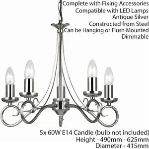 Hanging Flush Ceiling Pendant 5 Light ANTIQUE SILVER Chandelier Lamp Bulb Holder