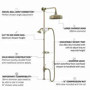 ENKI Downton Antique Brass Watercan Head Shower Riser Rail Kit RG046 200mm