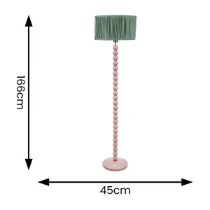 ValueLights Bobbins Painted Rose Floor Lamp with Ruched Pleated Green Drum Shade