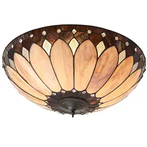 Tiffany Glass Semi Flush Ceiling Light Cream Bronze Round Inverted Shade i00036