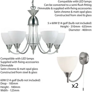 5 Lamp Ceiling & 2x Wall Light Pack Satin Chrome Glass Matching Indoor Fittings