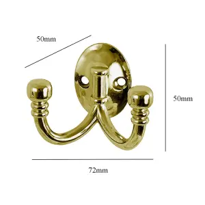 2 x Double Coat Hooks Polished Brass, Metal Ball End, Door Robe & Dress Hangers